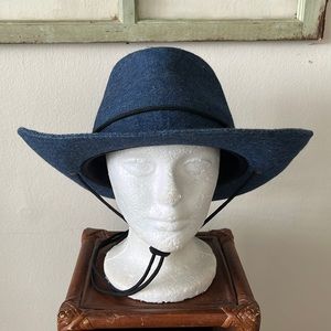 Wide Rim  Cowboy or Cowgirl Hat Cotton Denim Blue with Neck Strap Unisex Size L